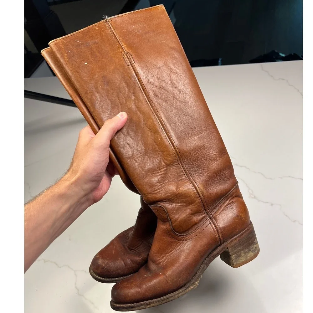 Frye Campus Boots Womens Cognac Leather Tall Vintage USA 8B OL18815